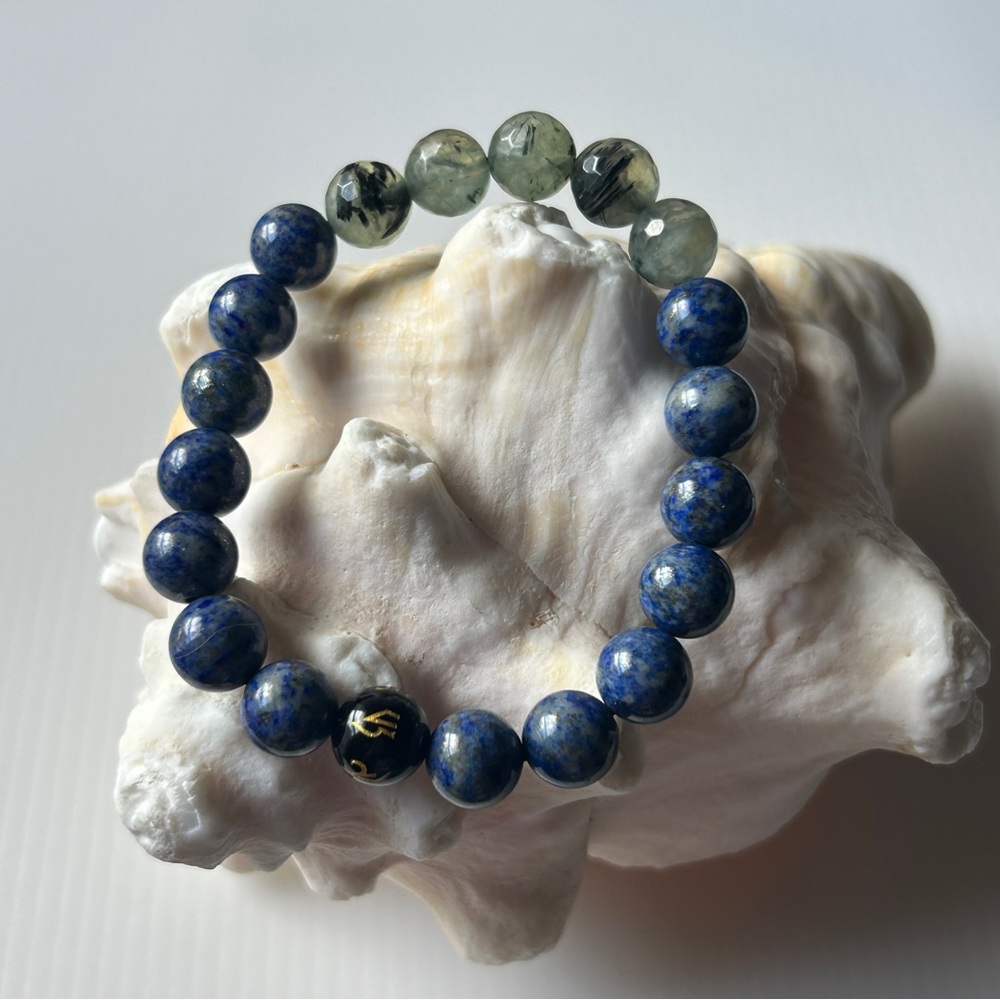 Blue Lapis and green prehnite Beaded Bracelet W/ Tibet Mantra prayer 10mm